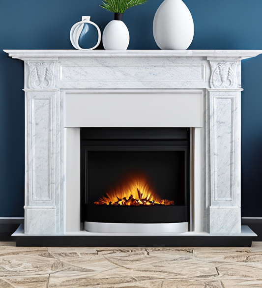 Generative AI. The Corinthian fire surround in veined white marble against a blue wall. There is a beige rug on the floor and decorative vases on the mantel. The fireplace has a white back panel and hearth, and a fire with a black trim. 