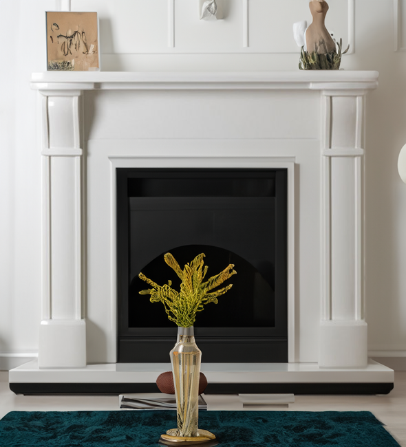 Generative AI. The Cast Tec Ripon Fire Surround on a white hearth. There is a modern fire with a wide viewing glass. The wall behind is white. There are ornaments on the mantel and a coffee table with a vase and green plants in front of the fireplace. 