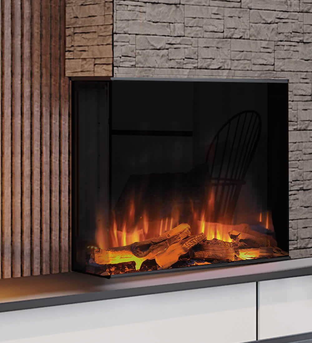 A modern square fireplace with glass front installed in a panelled wall. The flame effect is turned on to look like a real fire. 
