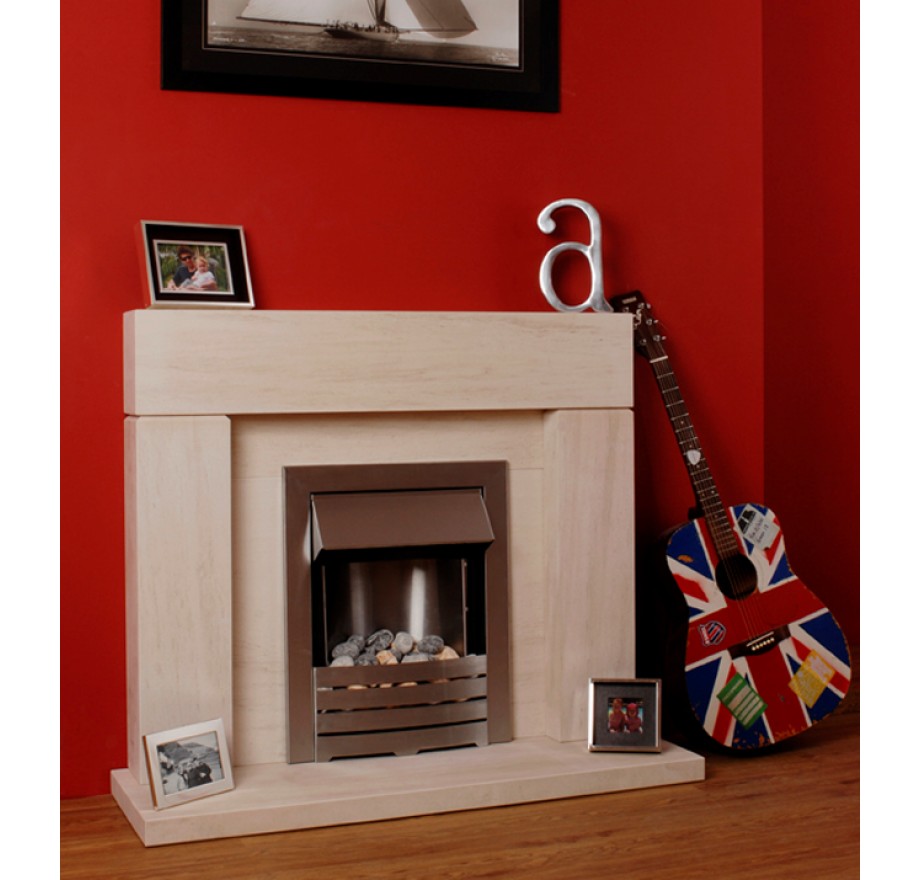 Limestone fireplace with guitar
